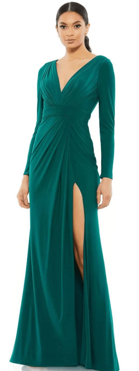 green emerald velvet dress Mac Duggal Women's Thin Strap Pleated Metallic Gown with 3D Flower - Green - Size 10