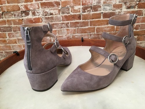 Charles David Wonder Grey Suede Strappy Buckle Block Heel Pump 9 NEW - Picture 2 of 4