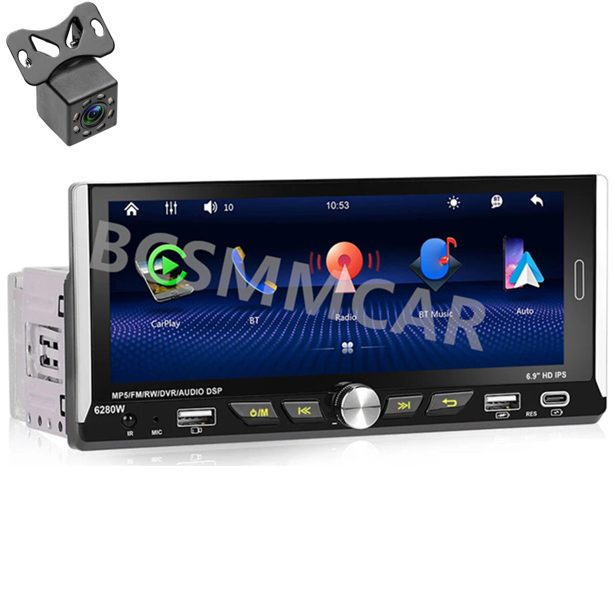 Touch Screen Car Stereo with BT, MP5, Carplay, Android Auto, and Camera