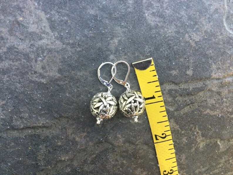 Dragonfly Silver Filigree Ball dangle Earrings with Sterling Silver Leverbacks  - Image 2 of 4