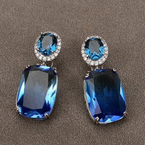 Natural Blue Gradient Colorful Crystal Rectangle Karat Gold Zircon Stud Earrings - Picture 2 of 13