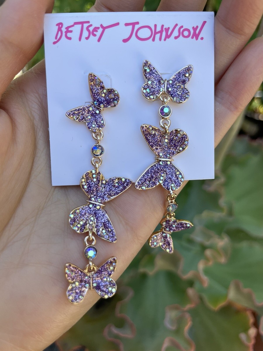 NEW Betsey Johnson Butterfly Earrings, Lavender Crystals
