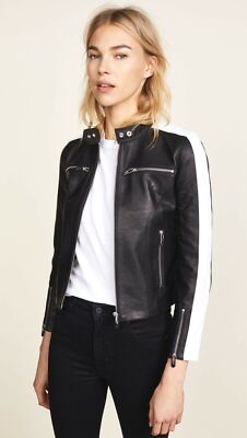 Women's Genuine Leather Motorcycle Jacket Black White Striped Sleeve Zipper- 175