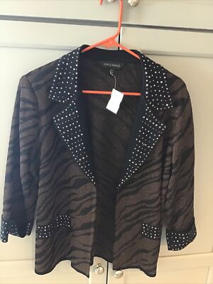 Ming Wang Filament Acrylic Animal  Print 3/4 Sleeve Open Embellished Jacket LNWT