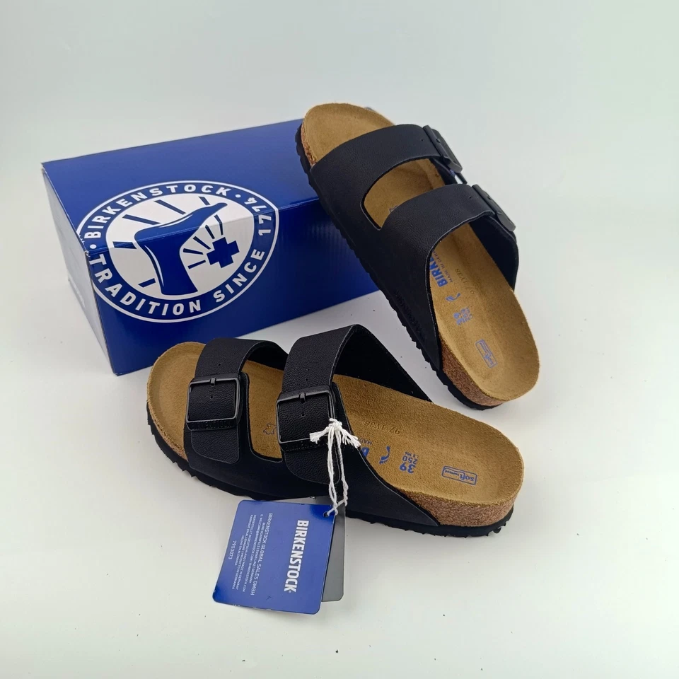 Sandálias de couro Birkenstock Arizona preto Birko-Flor conforto sapatos femininos masculinos - Imagem 2 de 4