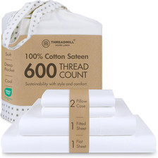 100 Cotton Queen Sheet Set 600 Thread Count 4pc 16" Deep Pocket White Sateen