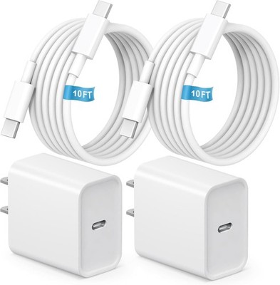 2 Pack 20W USB-C Fast Charger Adapter for iPhone 17/16 10FT Cable