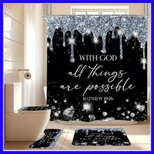 4 Pcs Black Silver Diamonds Shower Curtain Set with Rugs and Toilet Lid Cover...