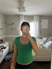 Women's Green Ribbed Knit Scoop Neck Short Sleeve Pullover T-Shirt Size M