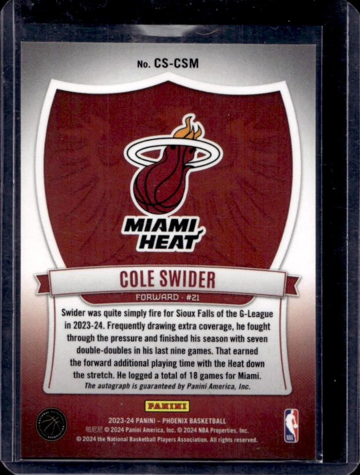 2023-24 Phoenix Cole Swider Crusade Signatures Auto #CS-CSM Heat - Image 2 of 2
