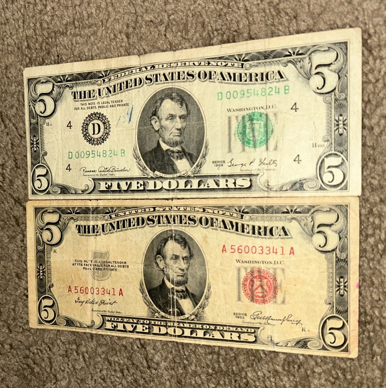 2 US Circulated $5 Notes 1953 1969c Red Seal Off Cut Rare Low Serial
