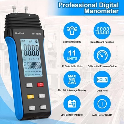 Holdpeak Digital Differential Pressure Gauge ±0.3%FS 30psi HVAC Manometer