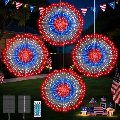 4th of July Decorations Solar Firework Lights, 4 Pack 720LED 8 Modes Red Whit