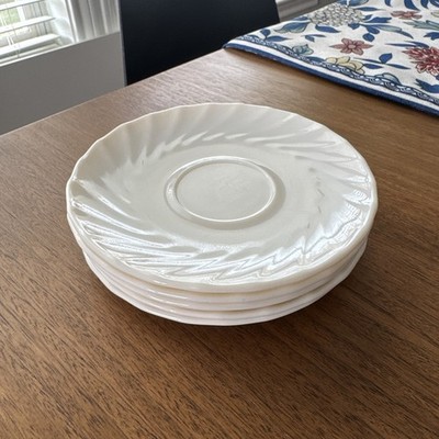 Arcopal France TRIANON IVORY Scalloped Swirls Milk Glass 5 3/8'' Saucer Set Of 5