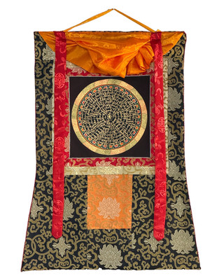 OM MANI PADME MANTRA MANDALA ORIGINAL TIBETAN THANGKA PAINTING WITH SILK BROCADE