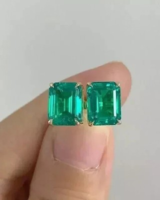 Natural Emerald 4.80 CT Emerald Cut Women's 14k Yellow Gold solid Stud Earrings