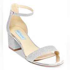 Betsey Johnson Women  s Jayce Evening Sandals Size 7.5 Glitter Block Heel Silver