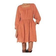Madewell Corduroy Square Neck Embroidered Dress Warm Umber Long Sleeve Size PL