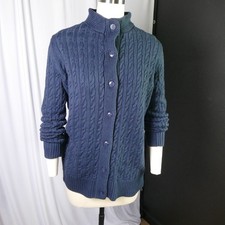 LL Bean Preppy Cable Knit Button Front Cardigan Sweater Blue Women  s L Navy