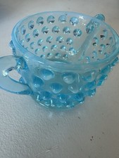 Blue Glass Hobnail Sugar Bowl with Handles, Glossy Finish