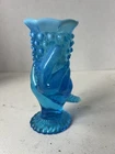 Mid-century Fenton Hobnail Blue Opalescent Glass Hand Vase Holding A Cornucopia