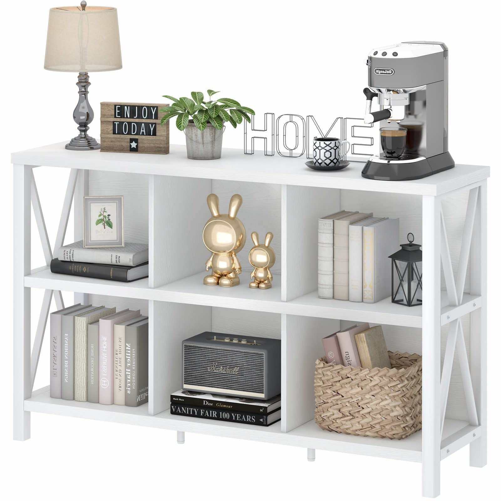 6 Cube Storage Organizer with Shelf, 47 Inch Long Horizontal Bookshelf, Wood ...