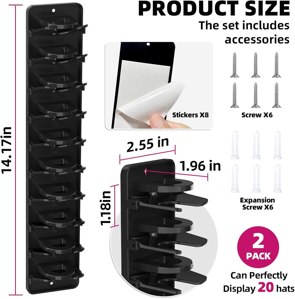 Spring-Loaded Hat Organizer for Baseball Caps (2 Pack) – Holds 20 Caps ...