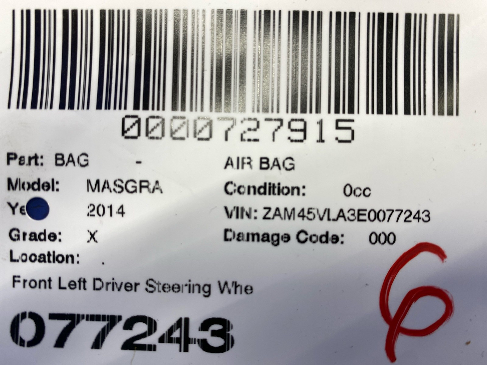 2008-2019 Maserati Granturismo MC Sport M145 Left Steering Wheel Airbag SRS Assy