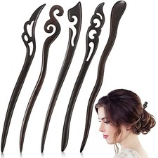 5 Pieces Carved Wood Hair Sticks - Handmade Natural Ebony Black Sandalwood