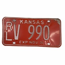 Kansas KS Vintage 1971 License Plate White On Red Exp Nov 71 RLV 990