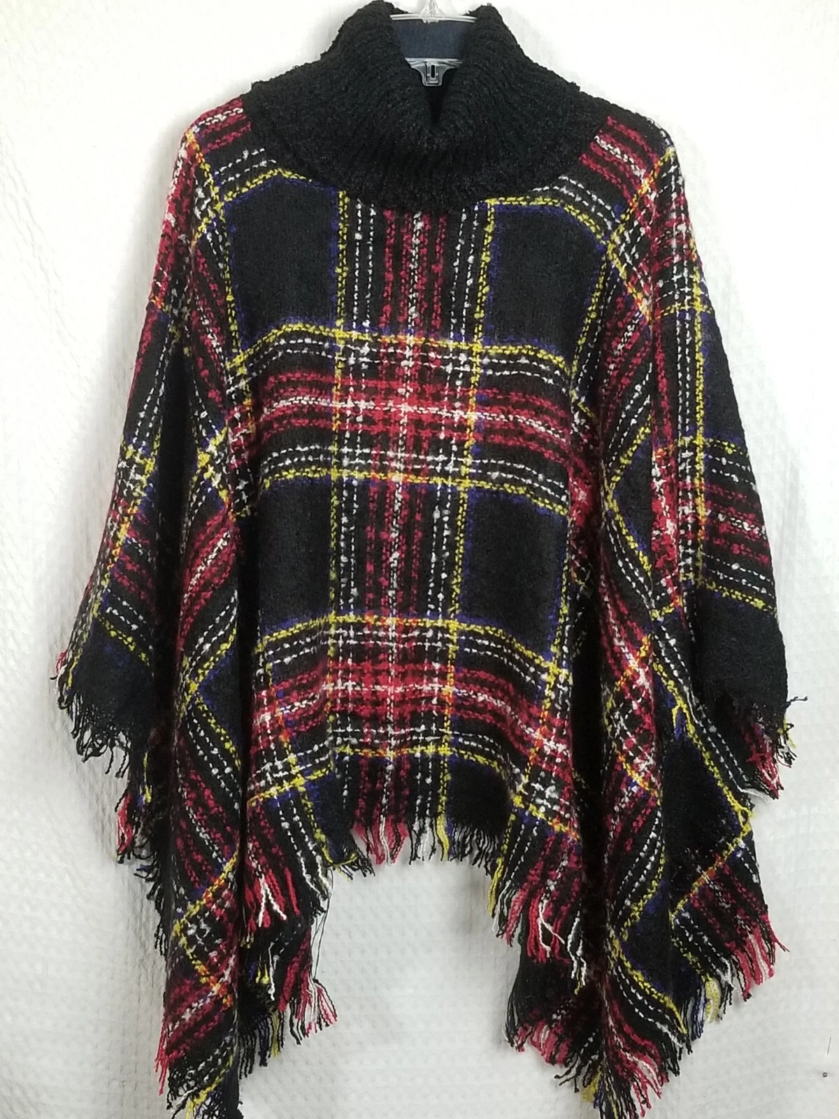 Harve Benard Women Red & Black Plaid Turtleneck Fringed Poncho/ Cape One Size