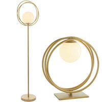 Brushed Gold Loop Light Set - Floor & Table Lamp Bundle - Opal Glass Shades