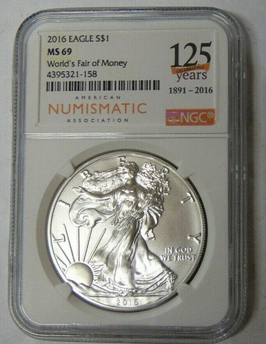 NGC MS69 2016 American Silver Eagle Dollar World's Fair of Money ANA 125 Years