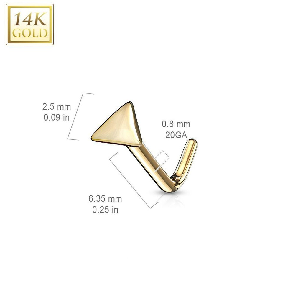 14K Solid Gold 20GA Nose Rings L Bend Piercings with Flat Triangle Top Sold Each