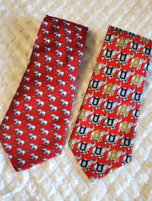 DE AMANDA & KAILONG Neckties 100% Silk Hand Made Red White Gold Blue ELEPHANTS