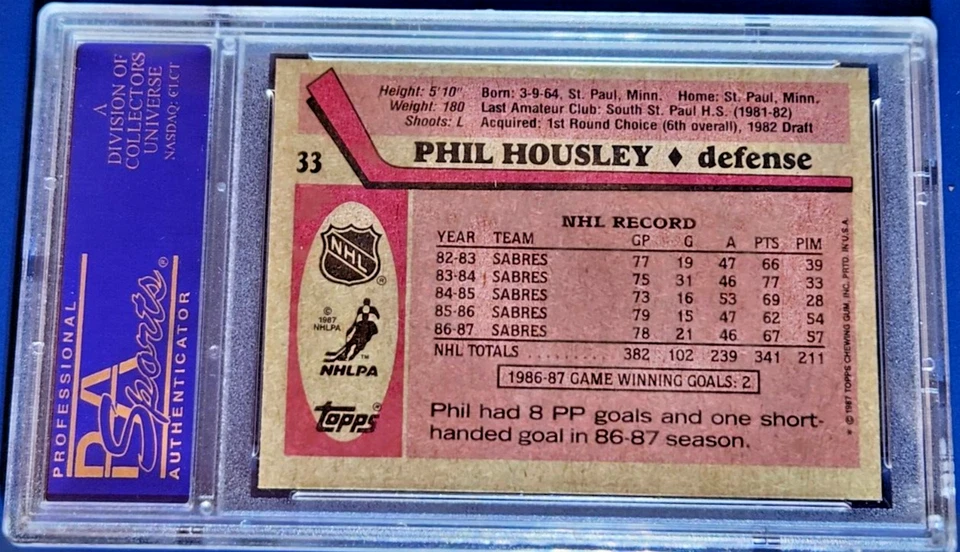 1987-88 TOPPS #33 PHIL HOUSLEY GRADED PSA 9 MINT BUFFALO SABRES HOCKEY POP 5 - Image 3 of 3