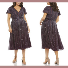 NEW 498 Mac Duggal  PLUS 24W  Embellished V-Neck Midi Dress Aubergine Q473