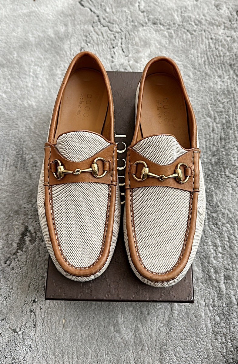 Authentic Gucci Gold Horsebit Mens Leather Trim Loafer US7.5 EU41