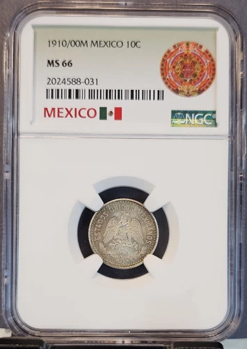 1910/00 MEXICO SILVER 10 CENTAVOS NGC MS 66 SCARCE VARIETY GEM BU BEAUTY