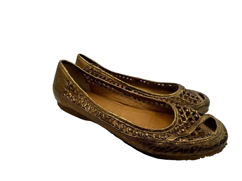 Frye zapatos planos sin cordones metálicos de cuero tejido dorado crujido 8,5 Foto 2 de 4