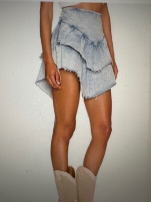 MOTHER The Ruffle Mini Raw Edge Skirt Womens 29 Blue Action