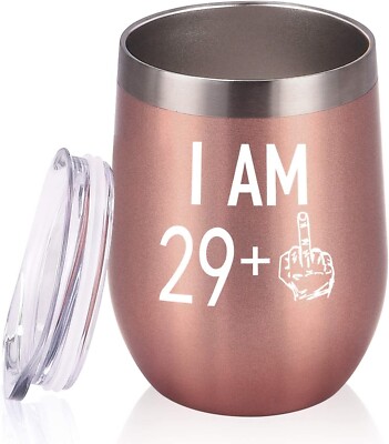 ''I am 29 Plus Mittelfinger'' Weinbecher 30. Geburtstag Geschenk Rosegold Deckel Strohhalm