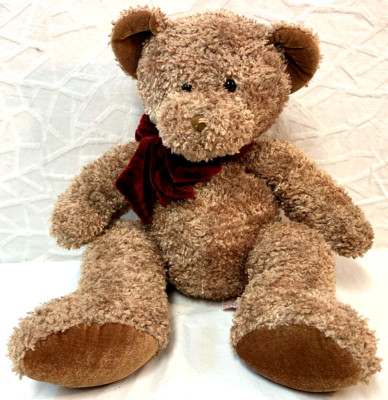 Russ Berrie CHIPS Brown Curly Hair Teddy Bear Velvet Red Bow Plush Stuffed Toy
