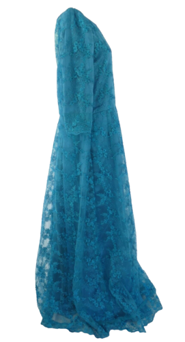 Maxi Lace Dress Blue Fit Flare Waisted Sheer Back Special Occasion Size UK 12 - Picture 7 of 10