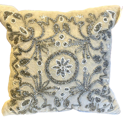 Christmas Holiday Pillow Gray Velvet Beaded SIlver White Nordic Pattern 12x12"
