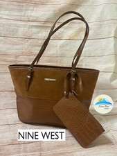 Nine West Suede Crocodile Faux Leather Brown Satchel Handbag