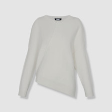 DKNY Women's Ivory Mixed-Stitch Asymmetric-Hem Knit Crewneck Sweater Size S