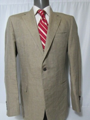  Hickey Freeman 100% Linen Sz 42 L Stripe Tan 2 Buttons Blazer Side Vents Recent