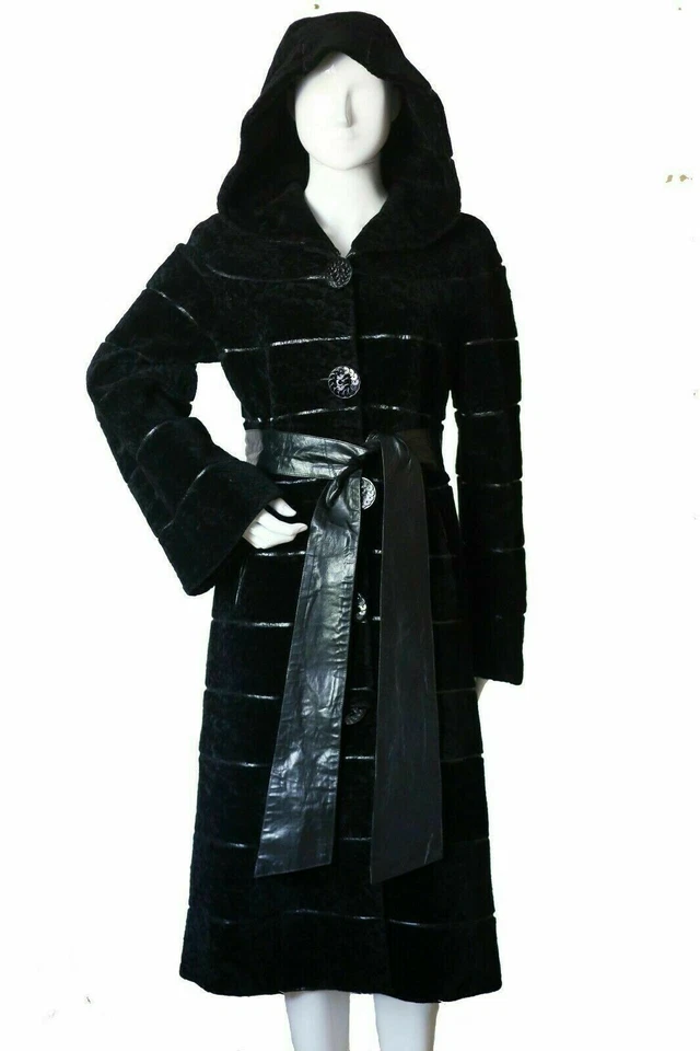 Lamb Fur Sheepskin Shearling Mouton Hooded Belted Leather Coat M Black No Mink