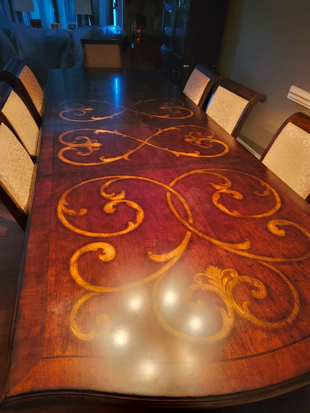 Exquisite solid wood Dining Table w/ 8 Upholstered Chairs w/Leaf 50